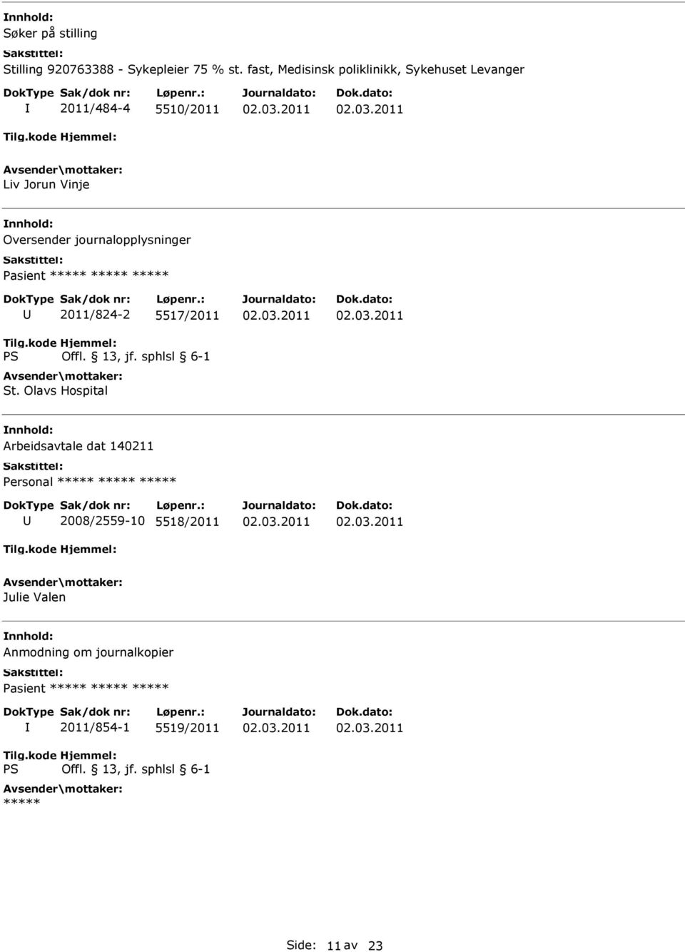 Olavs Hospital Arbeidsavtale dat 140211 2008/2559-10 5518/2011 Julie