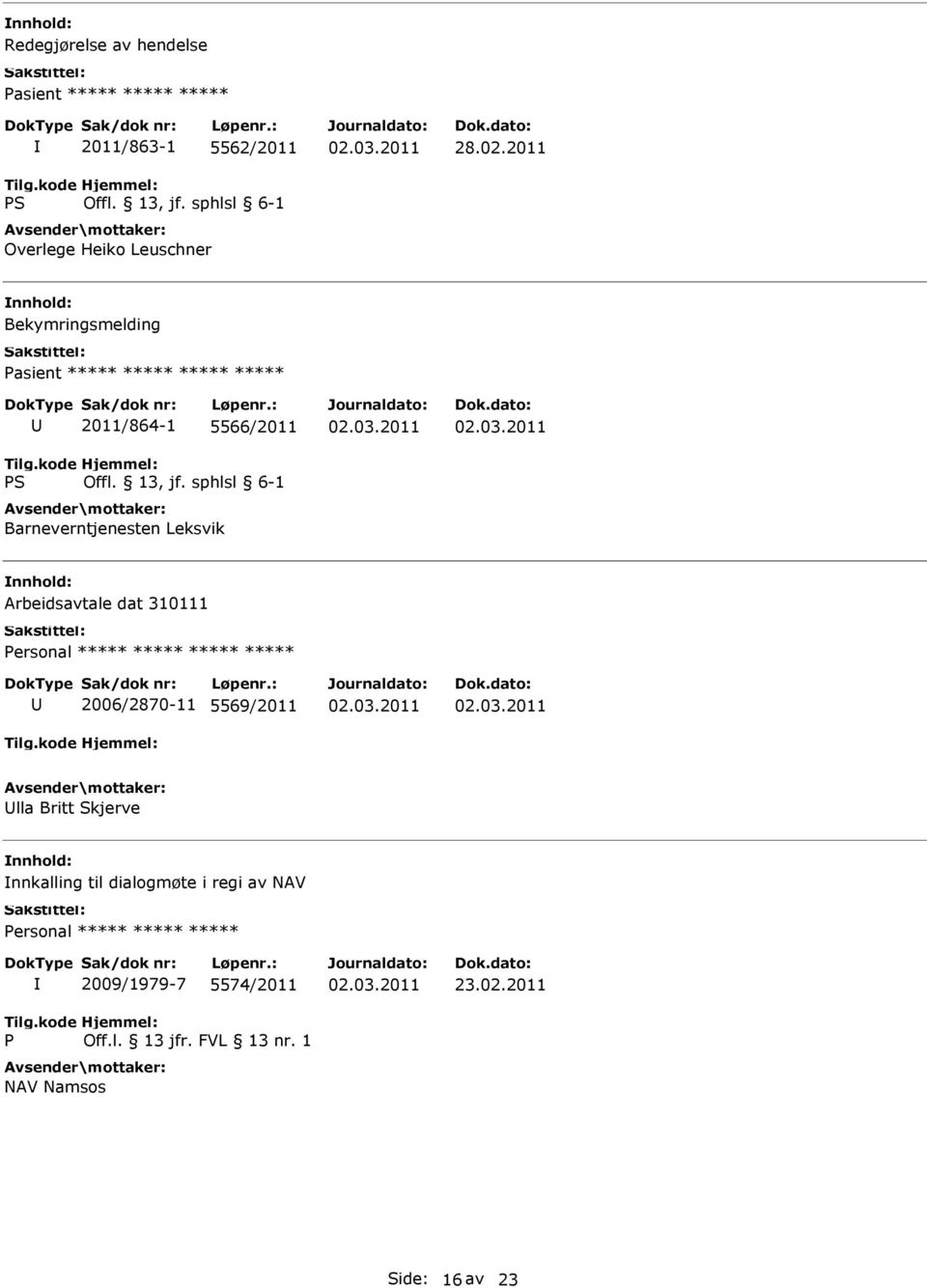 Arbeidsavtale dat 310111 ***** 2006/2870-11 5569/2011 lla Britt Skjerve nnkalling til dialogmøte i