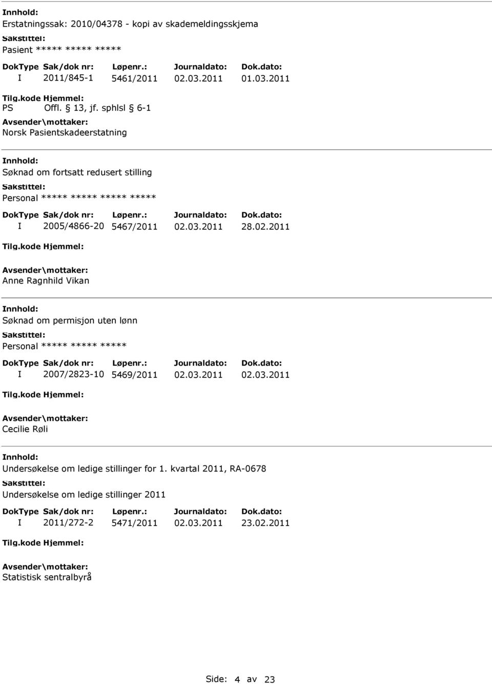 2011 Søknad om fortsatt redusert stilling ***** 2005/4866-20 5467/2011 Anne Ragnhild Vikan Søknad om permisjon uten