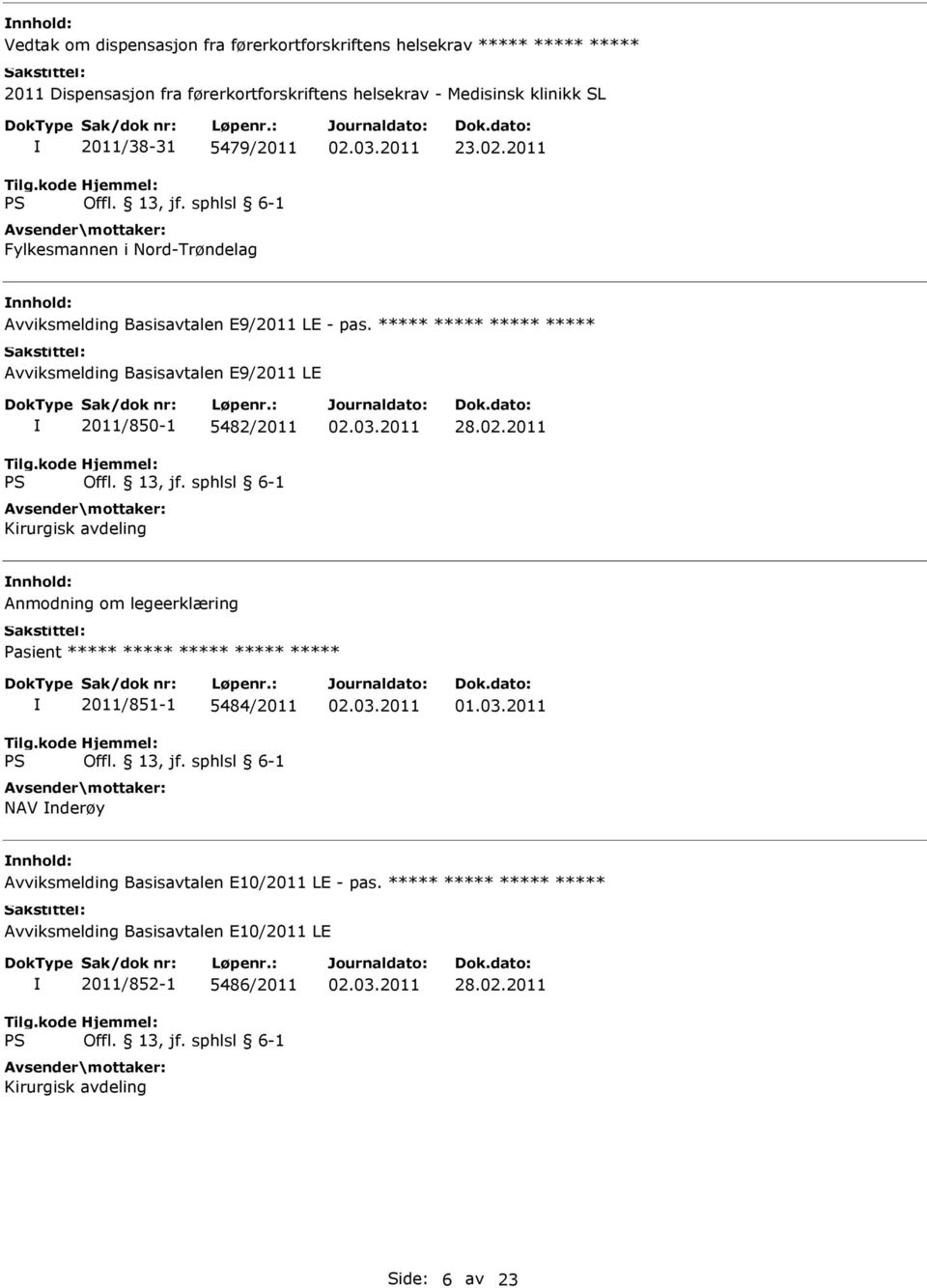 ***** ***** ***** ***** Avviksmelding Basisavtalen E9/2011 LE 2011/850-1 5482/2011 Kirurgisk avdeling Anmodning om legeerklæring Pasient ***** ***** *****