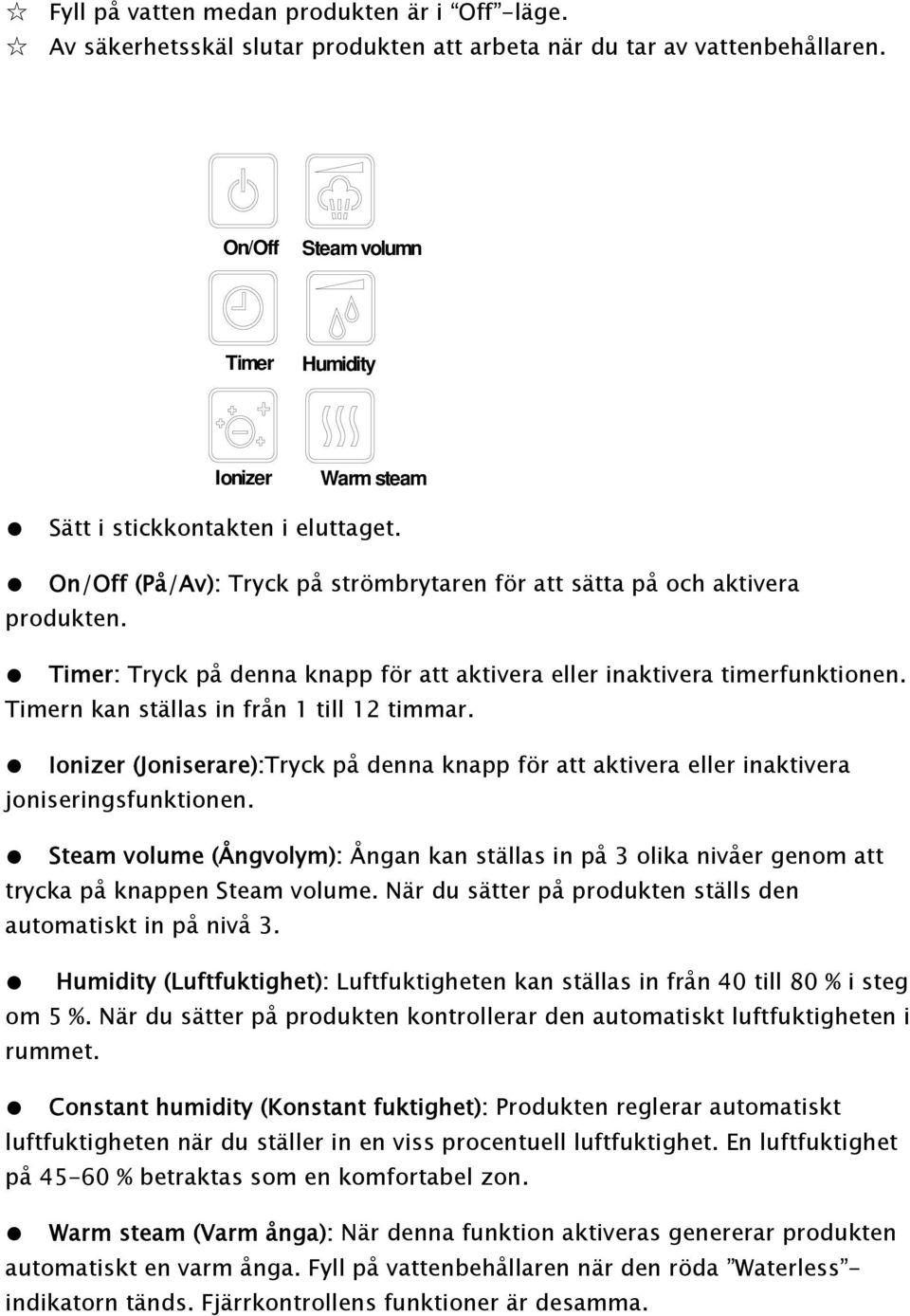 Timer: Tryck på denna knapp för att aktivera eller inaktivera timerfunktionen. Timern kan ställas in från 1 till 12 timmar.