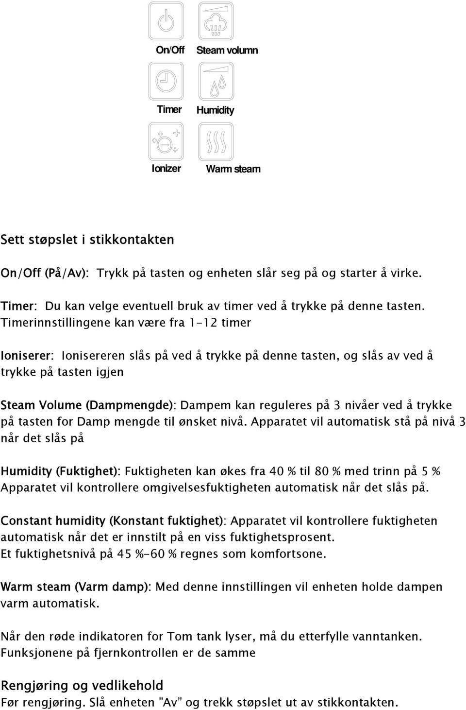 Timerinnstillingene kan være fra 1-12 timer Ioniserer: Ionisereren slås på ved å trykke på denne tasten, og slås av ved å trykke på tasten igjen Steam Volume (Dampmengde): Dampem kan reguleres på 3