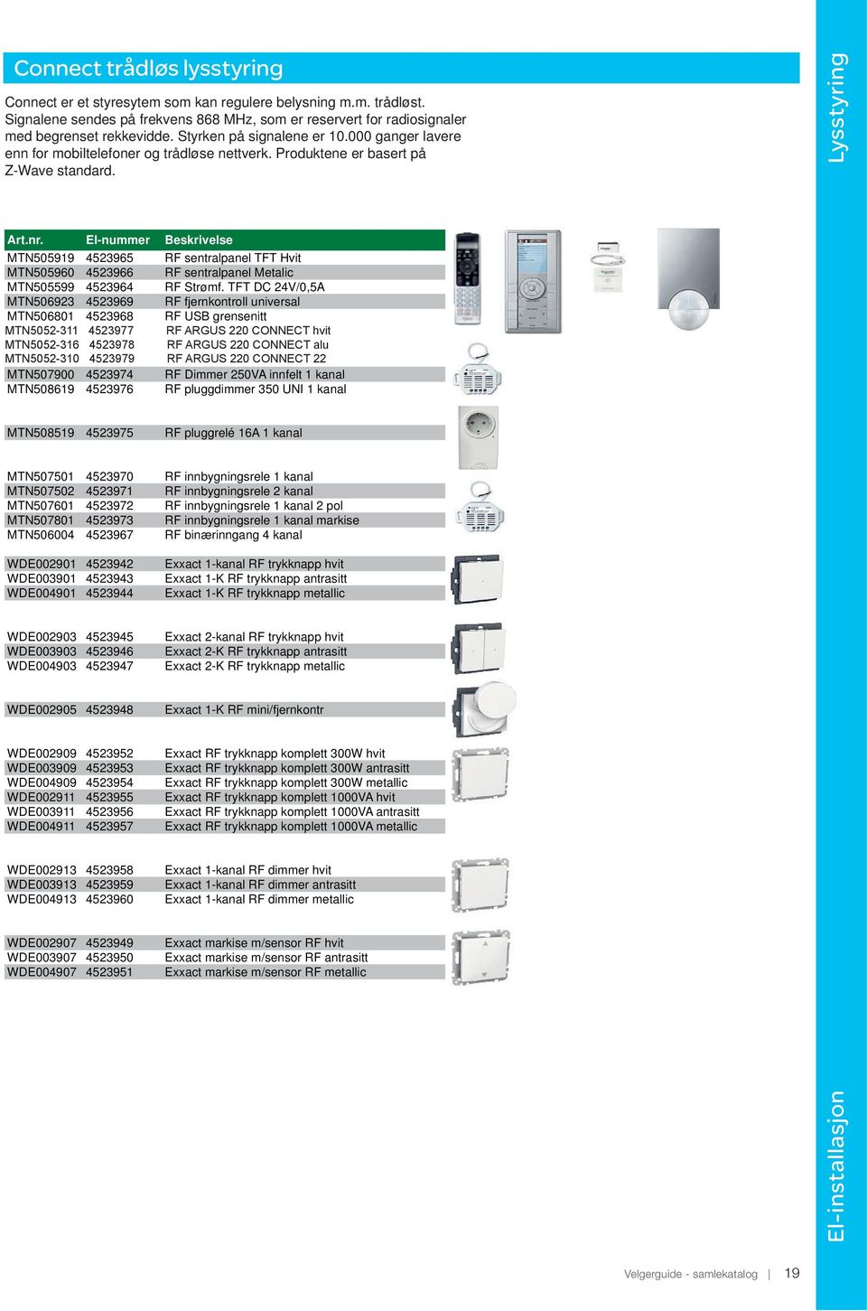 El-nummer Beskrivelse MTN505919 4523965 RF sentralpanel TFT Hvit MTN505960 4523966 RF sentralpanel Metalic MTN505599 4523964 RF Strømf.