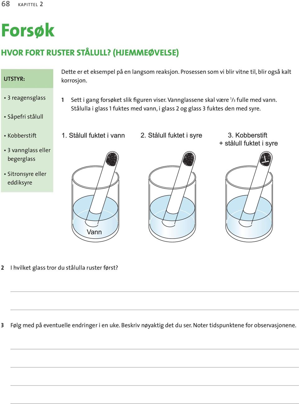 Vannglassene skal være 1 /3 fulle med vann. Stålulla i glass 1 fuktes med vann, i glass 2 og glass 3 fuktes den med syre.