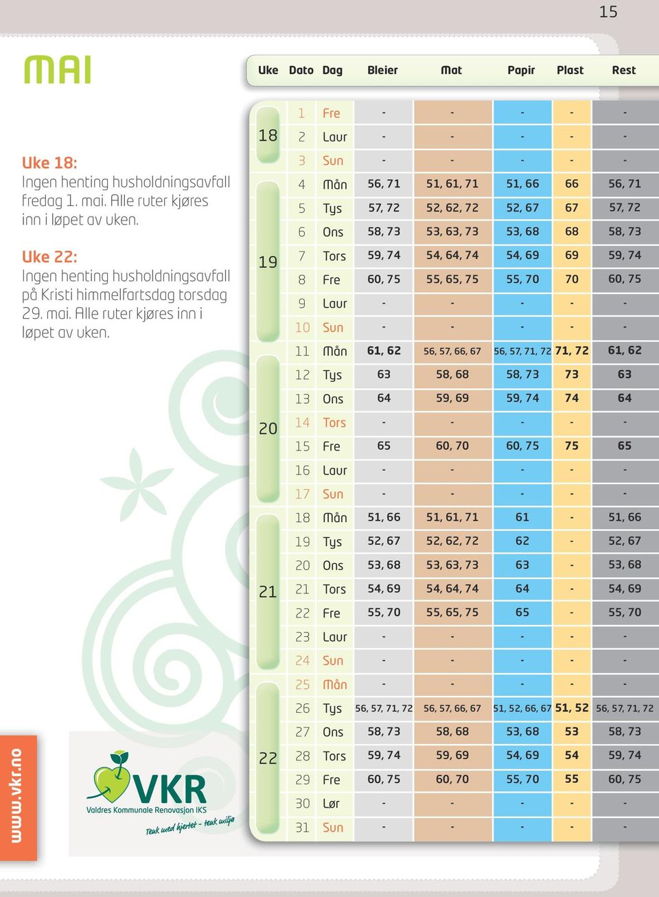 3 4 5 6 5,, 7 52,, 72 53,, 73 66 67 68 Uke : Ingen henting husholdningsavfall på Kristi himmelfartsdag torsdag 29. mai.