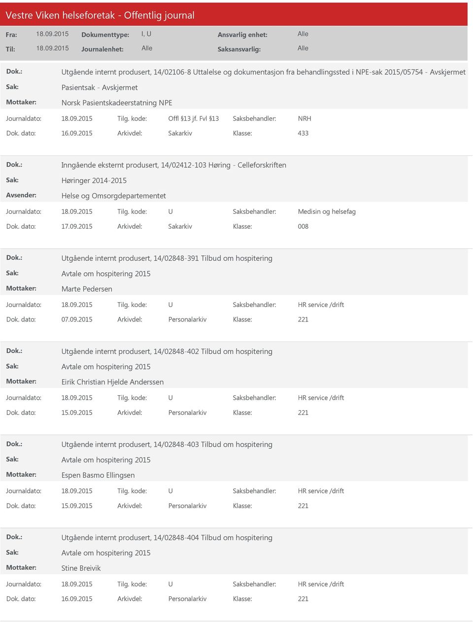 2015 Arkivdel: Sakarkiv 008 tgående internt produsert, 14/02848-391 Tilbud om hospitering Avtale om hospitering 2015 Marte Pedersen Dok. dato: 07.09.