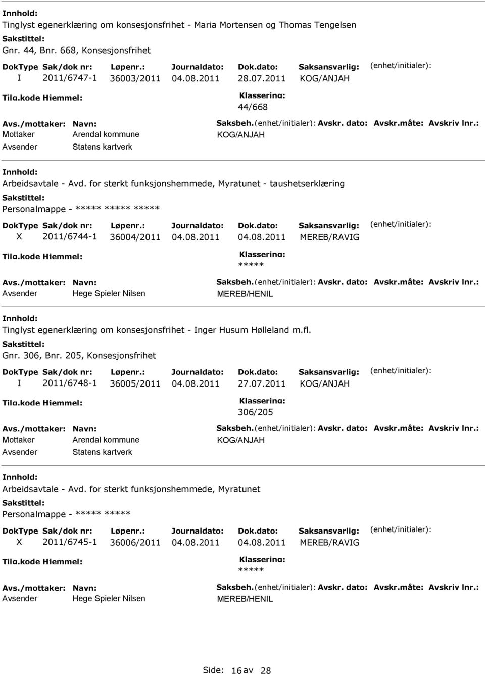 for sterkt funksjonshemmede, Myratunet - taushetserklæring Personalmappe - 2011/6744-1 36004/2011 MEREB/RAVG Avsender Hege Spieler Nilsen MEREB/HENL nnhold: Tinglyst