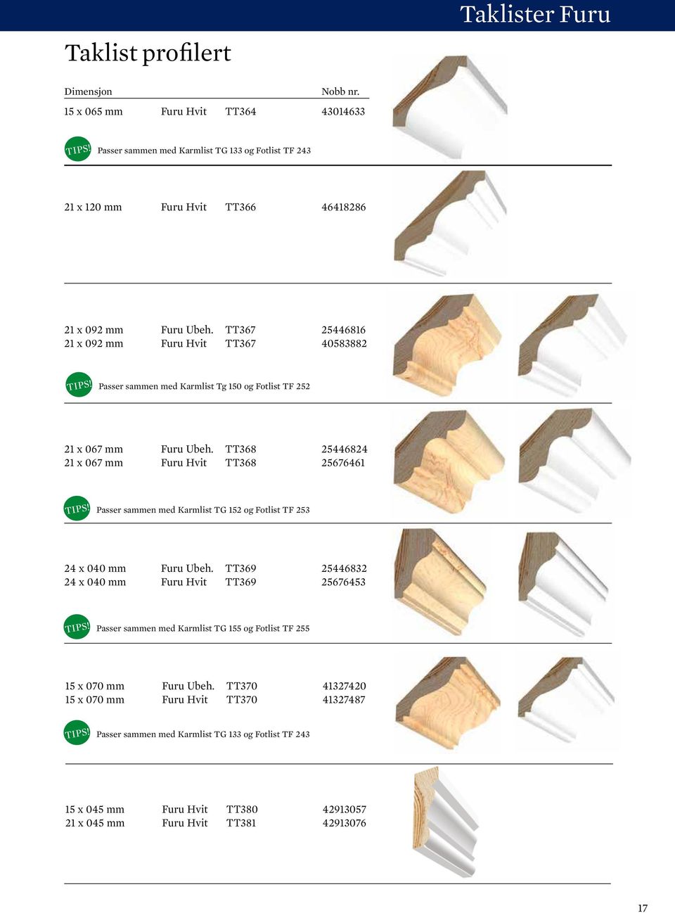 TT368 25446824 21 x 067 mm Furu Hvit TT368 25676461 Passer sammen med Karmlist TG 152 og Fotlist TF 253 24 x 040 mm Furu Ubeh.