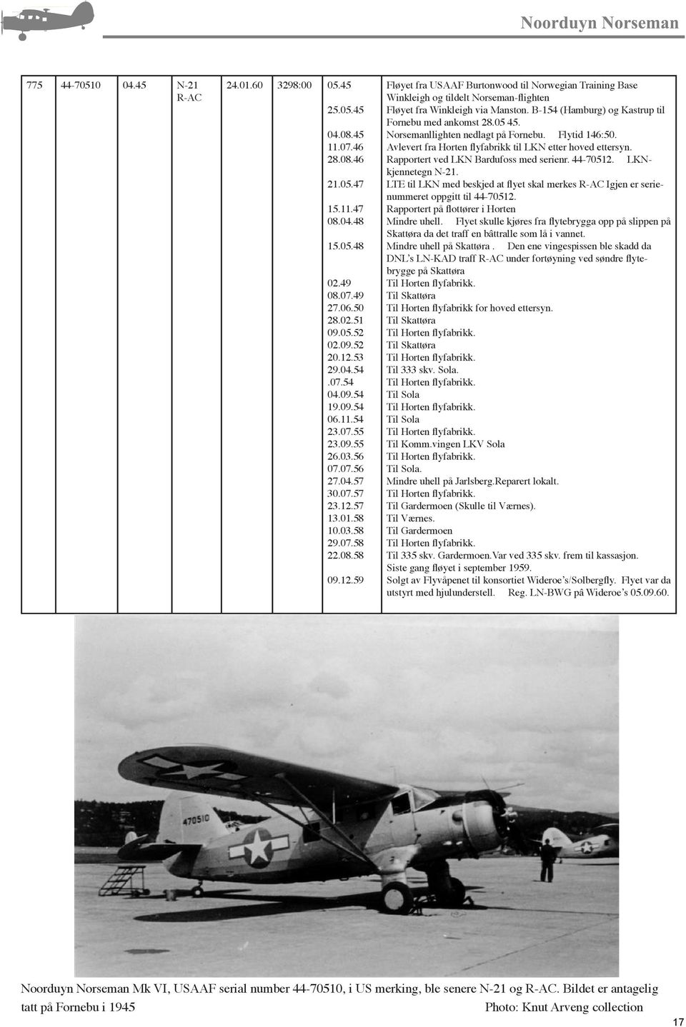 57 13.01.58 10.03.58 29.07.58 22.08.58 09.12.59 Fløyet fra USAAF Burtonwood til Norwegian Training Base Winkleigh og tildelt Norseman-flighten Fløyet fra Winkleigh via Manston.