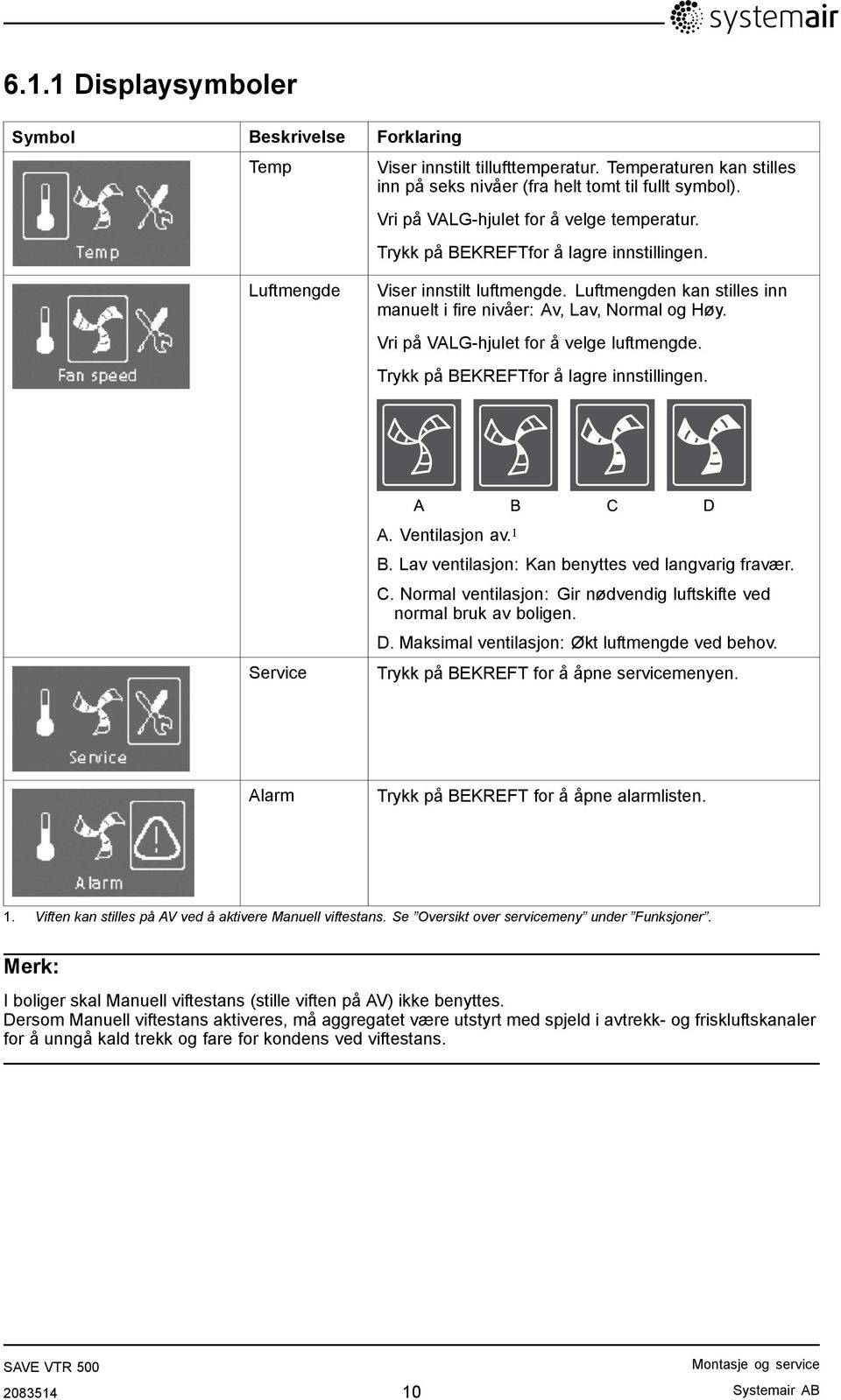 Vri på VALG-hjulet for å velge luftmengde. Trykk på BEKREFTfor å lagre innstillingen. Service A. Ventilasjon av. 1 B. Lav ventilasjon: Kan benyttes ved langvarig fravær. C.