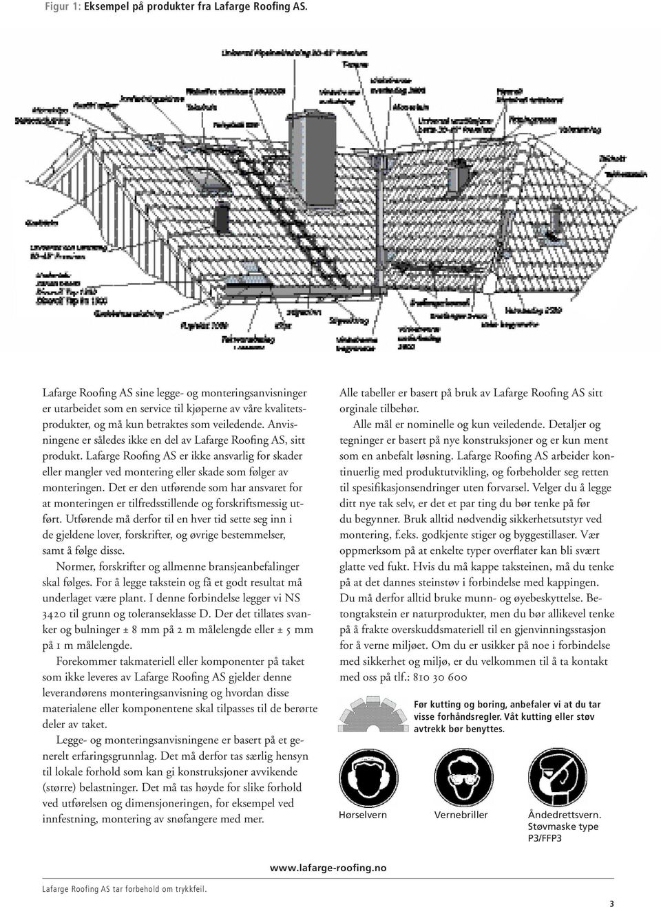 Anvisningene er således ikke en del av Lafarge Roofing AS, sitt produkt. Lafarge Roofing AS er ikke ansvarlig for skader eller mangler ved montering eller skade som følger av monteringen.
