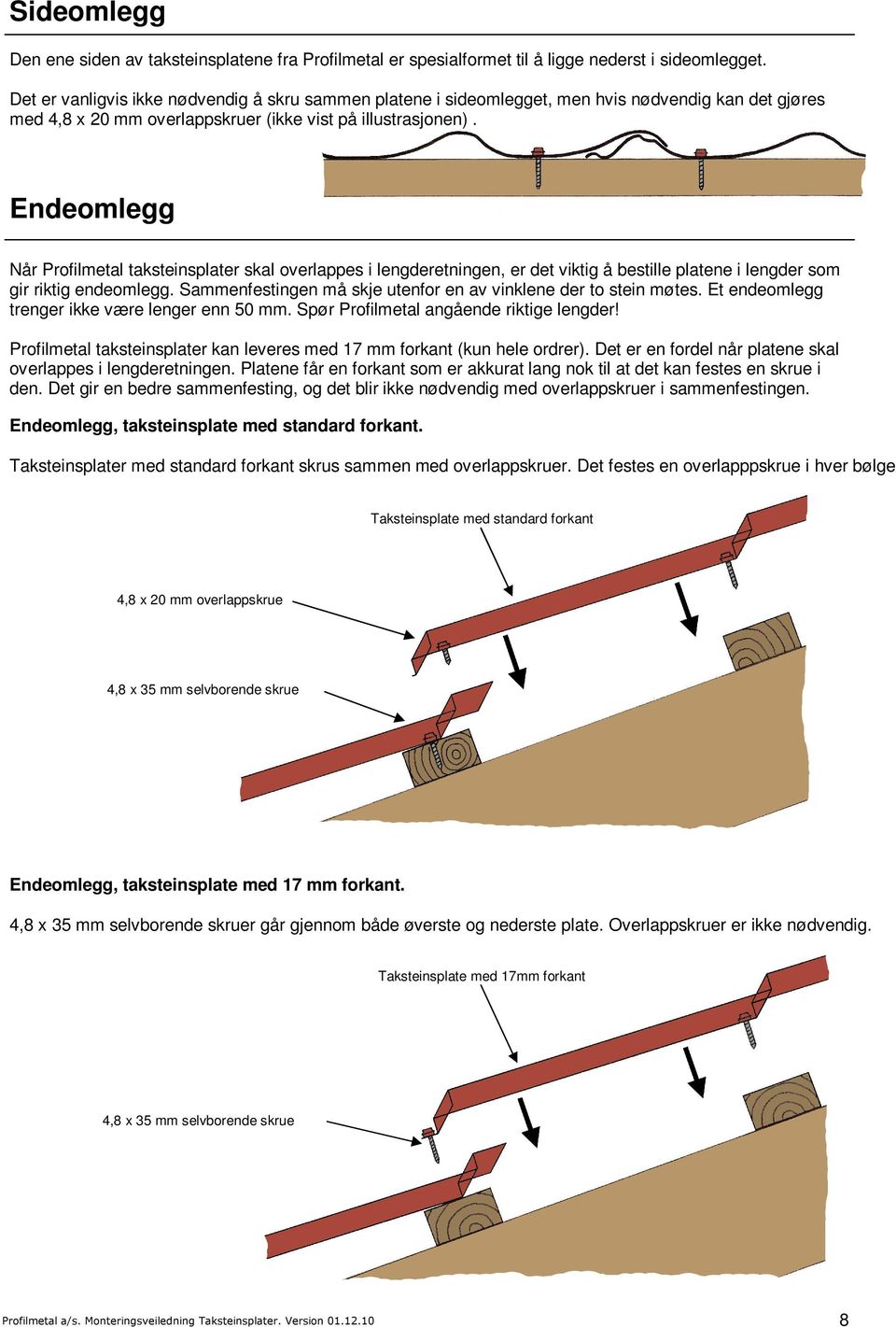 Endeomlegg Når Profilmetal taksteinsplater skal overlappes i lengderetningen, er det viktig å bestille platene i lengder som gir riktig endeomlegg.