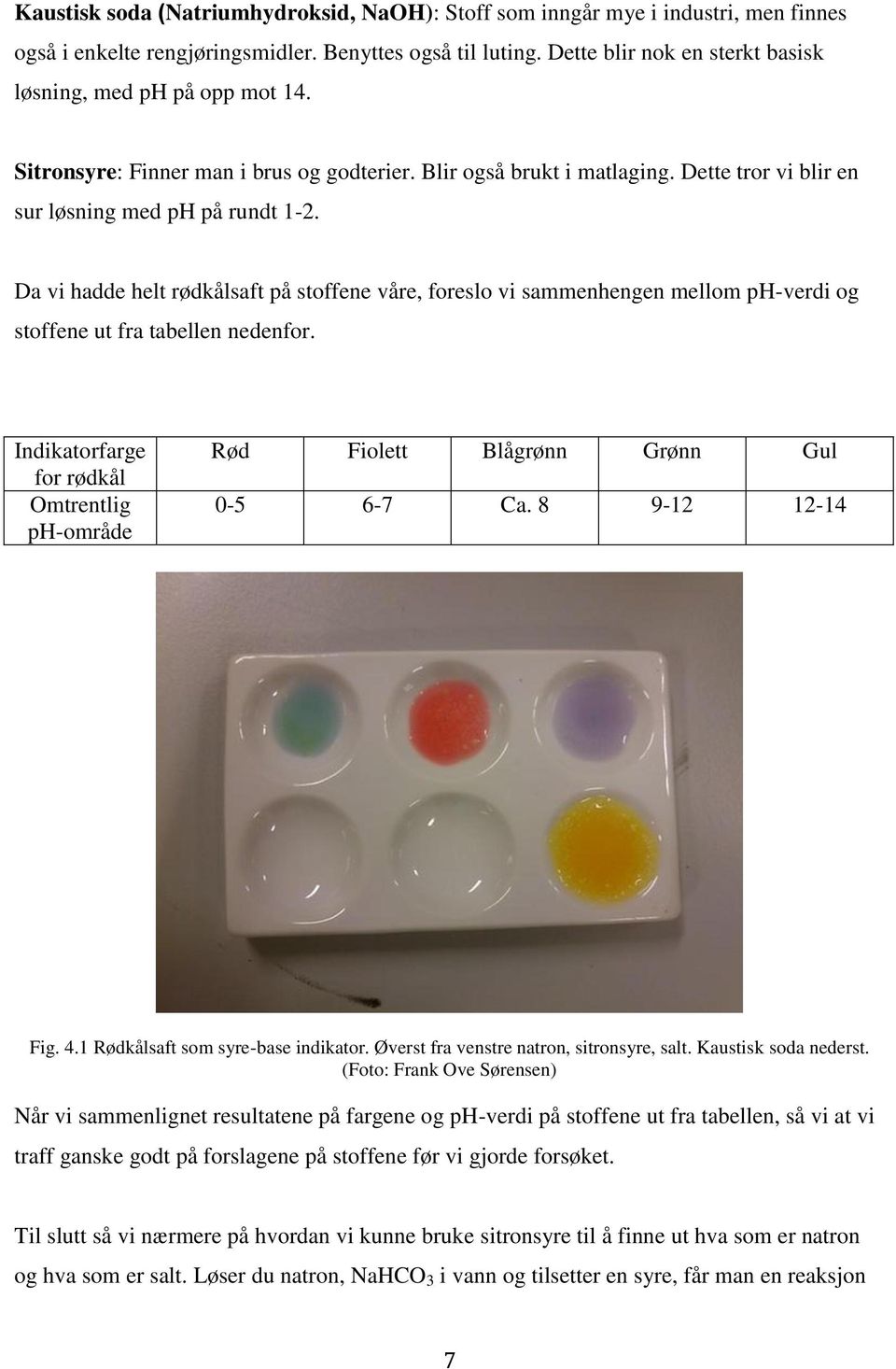 Da vi hadde helt rødkålsaft på stoffene våre, foreslo vi sammenhengen mellom ph-verdi og stoffene ut fra tabellen nedenfor.