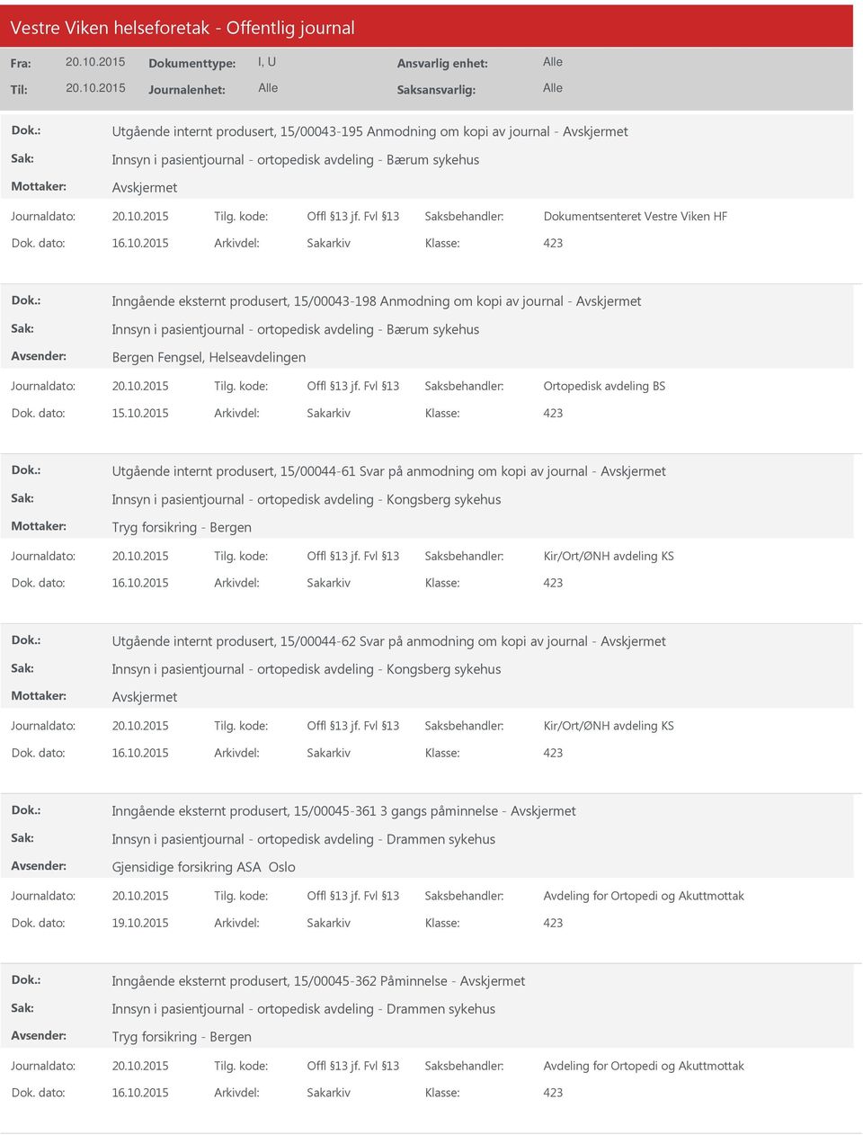 2015 Arkivdel: Sakarkiv tgående internt produsert, 15/00044-61 Svar på anmodning om kopi av journal - Innsyn i pasientjournal - ortopedisk avdeling - Kongsberg sykehus Tryg forsikring - Bergen