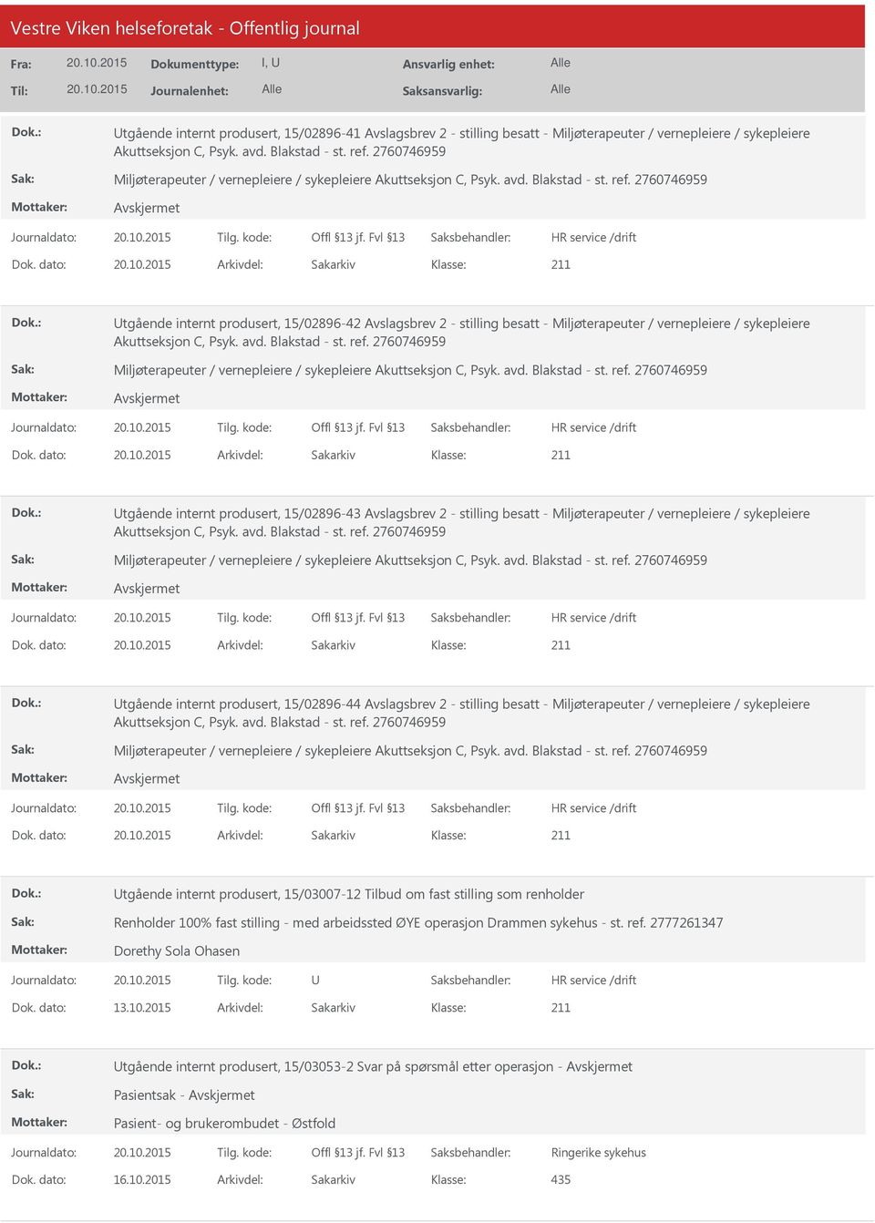 dato: Arkivdel: Sakarkiv tgående internt produsert, 15/02896-42 Avslagsbrev 2 - stilling besatt - Miljøterapeuter / vernepleiere / sykepleiere Akuttseksjon C, Psyk. avd. Blakstad - st. ref.