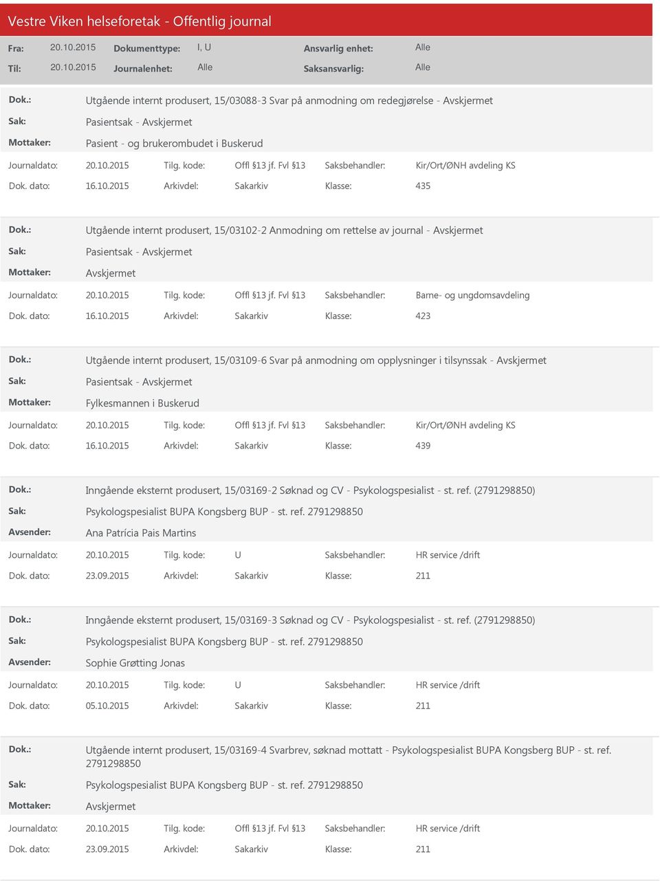 Kir/Ort/ØNH avdeling KS 439 Inngående eksternt produsert, 15/03169-2 Søknad og CV - Psykologspesialist - st. ref. (2791298850) Psykologspesialist BPA Kongsberg BP - st. ref. 2791298850 Ana Patrícia Pais Martins Dok.