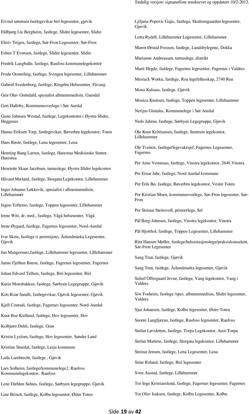 Geir Olav Grøndahl, spesialist allmennmedisin, Gausdal Gert Halleby, Kommuneoverlege i Sør Aurdal Gunn Johnsen Westad, fastlege, Legekontoret i Øystre Slidre, Heggenes Hanne Eriksen Torp,