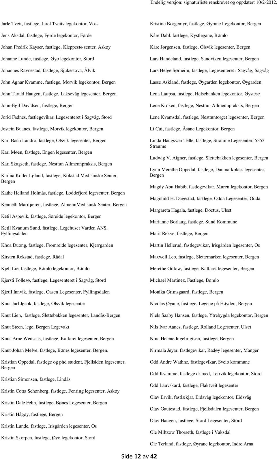 Bergen Jorid Fadnes, fastlegevikar, Legesenteret i Sagvåg, Stord Jostein Buanes, fastlege, Morvik legekontor, Bergen Kari Bach Landro, fastlege, Olsvik legesenter, Bergen Kari Møen, fastlege, Engen