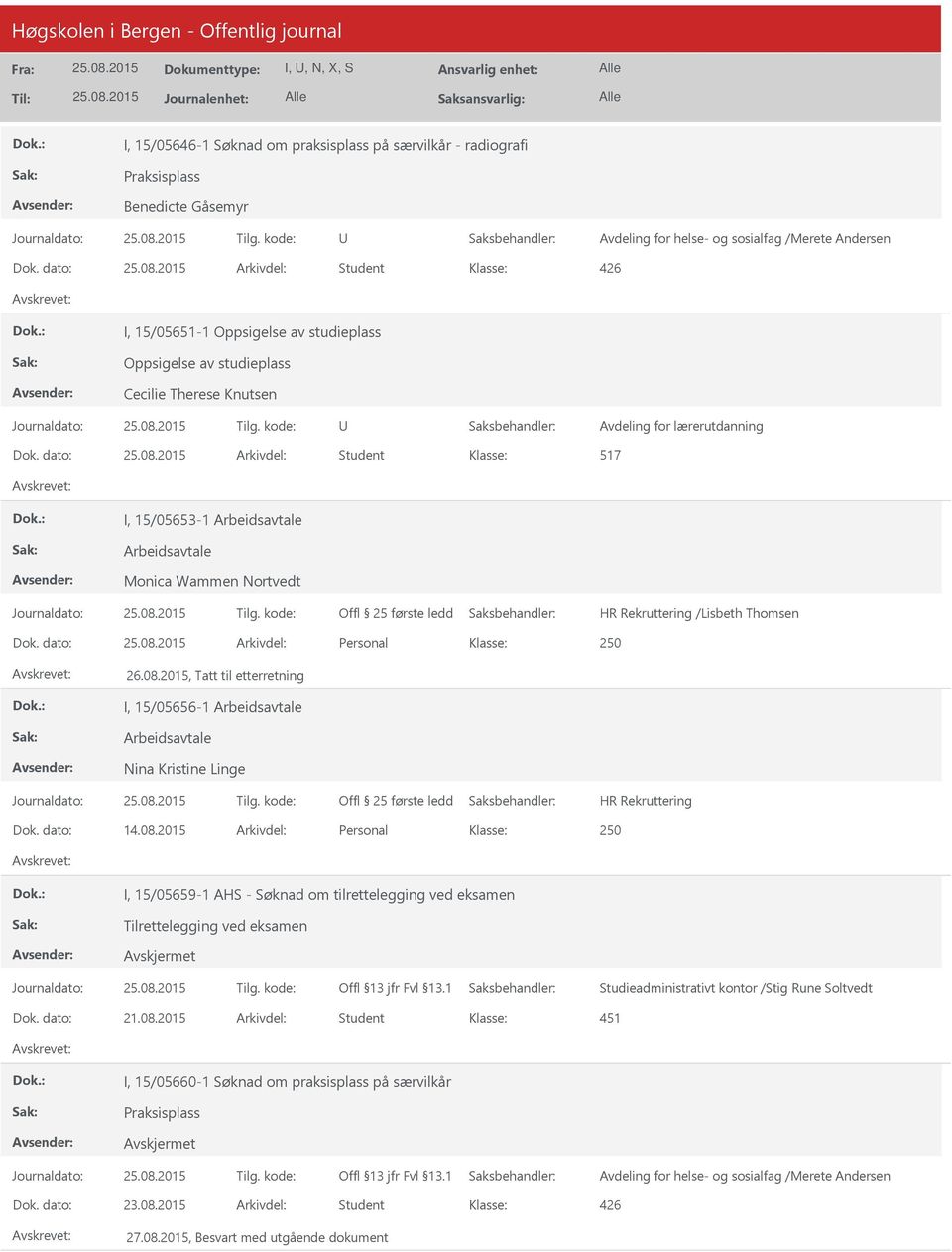 dato: Arkivdel: Student 517 I, 15/05653-1 Arbeidsavtale Arbeidsavtale Monica Wammen Nortvedt HR Rekruttering /Lisbeth Thomsen Dok. dato: Arkivdel: Personal 26.08.