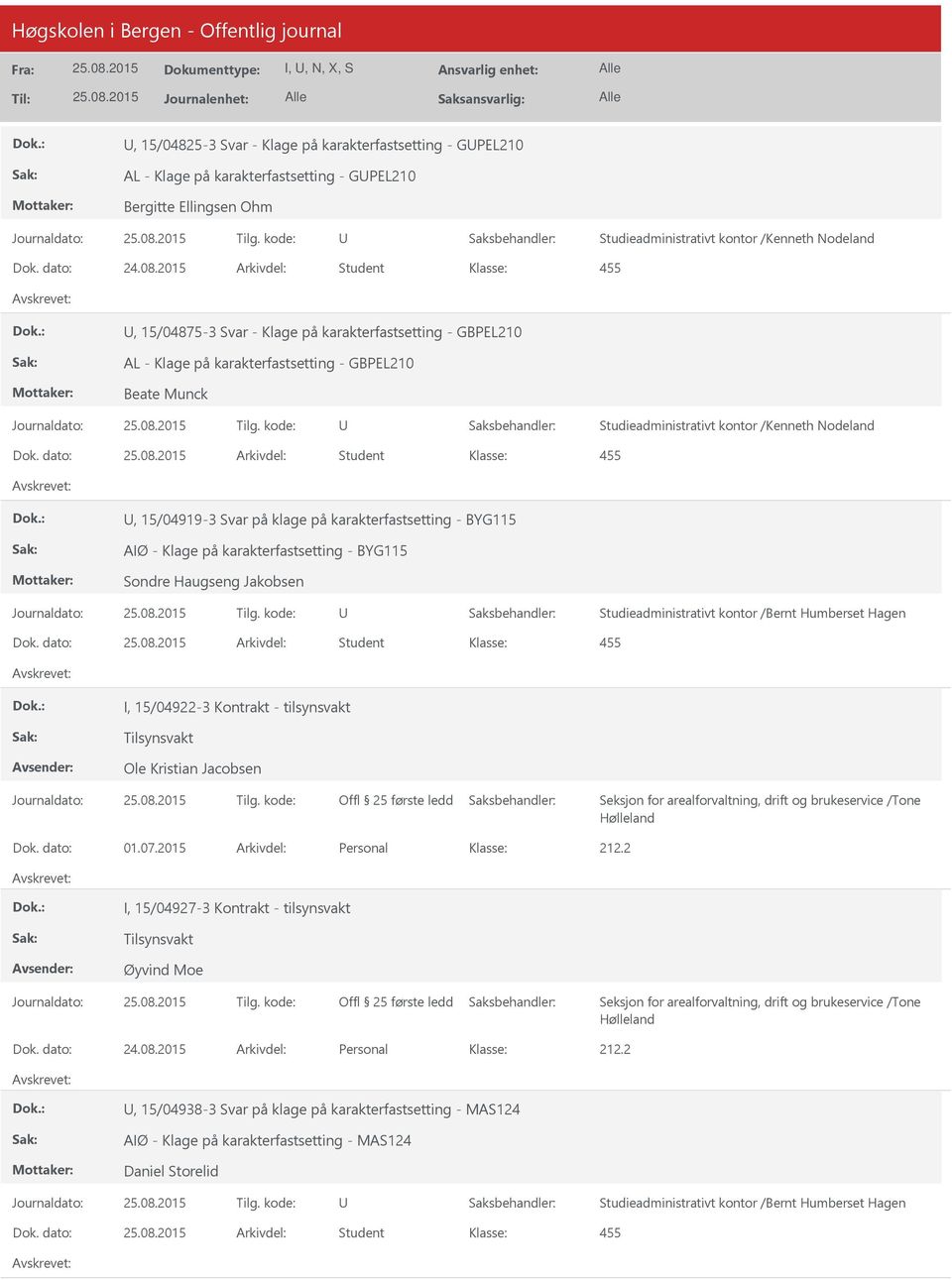 dato: Arkivdel: Student I, 15/04922-3 Kontrakt - tilsynsvakt Tilsynsvakt Ole Kristian Jacobsen Seksjon for arealforvaltning, drift og brukeservice /Tone Hølleland Dok. dato: 01.07.