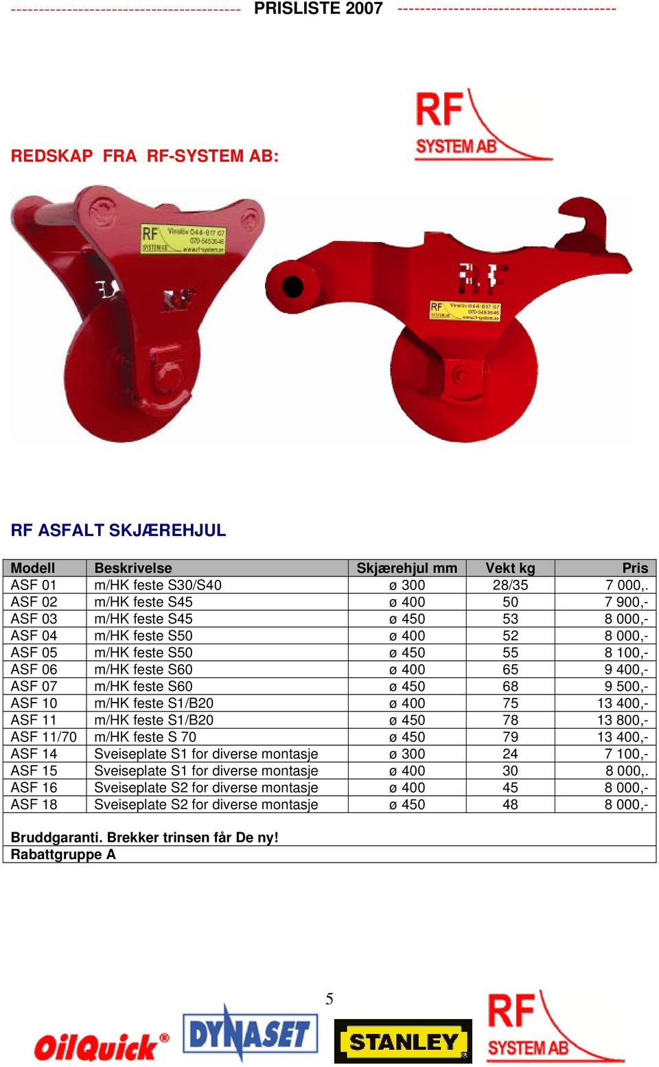 ASF 07 m/hk feste S60 ø 450 68 9 500,- ASF 10 m/hk feste S1/B20 ø 400 75 13 400,- ASF 11 m/hk feste S1/B20 ø 450 78 13 800,- ASF 11/70 m/hk feste S 70 ø 450 79 13 400,- ASF 14 Sveiseplate S1 for