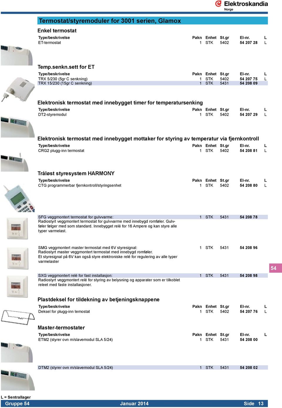 5402 54 207 29 L Elektronisk termostat med innebygget mottaker for styring av temperatur via fjernkontroll CRG2 plugg-inn termostat 1 STK 5402 54 208 81 L Tråløst styresystem HARMONY CTG