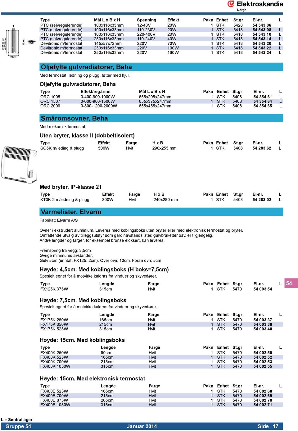 54 543 10 L PTC (selvregulerende) 250x116x33mm 110-240V 40W 1 STK 5418 54 543 14 L Devitronic m/termostat 145x57x72mm 220V 70W 1 STK 5418 54 543 20 L Devitronic m/termostat 250x116x33mm 220V 100W 1