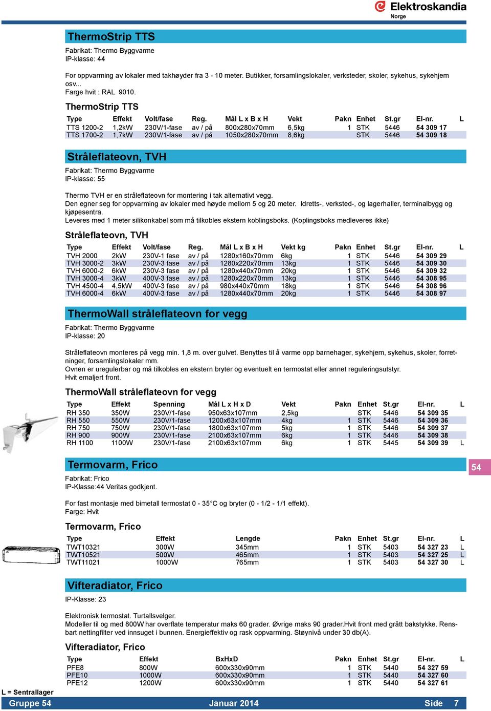 L TTS 1200-2 1,2kW 230V/1-fase av / på 800x280x70mm 6,5kg 1 STK 5446 54 309 17 TTS 1700-2 1,7kW 230V/1-fase av / på 1050x280x70mm 8,6kg STK 5446 54 309 18 Stråleflateovn, TVH Fabrikat: Thermo