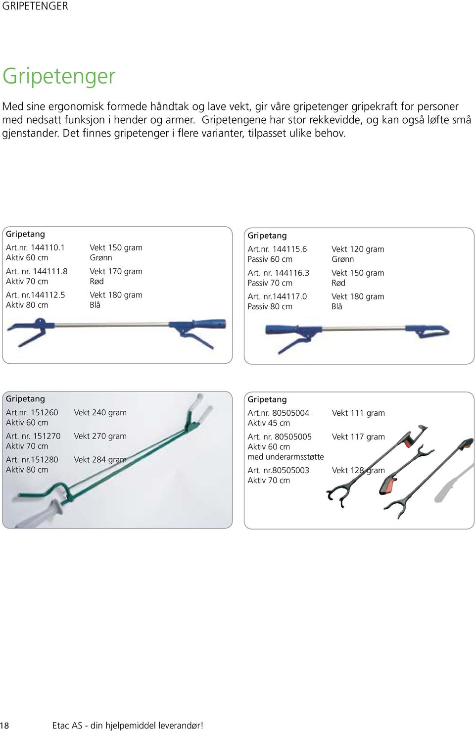 8 Aktiv 70 cm Art. nr.144112.5 Aktiv 80 cm Vekt 150 gram Grønn Vekt 170 gram Rød Vekt 180 gram Blå Gripetang Art.nr. 144115.6 Passiv 60 cm Art. nr. 144116.3 Passiv 70 cm Art. nr.144117.