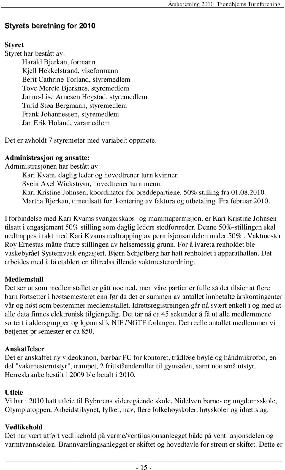 Administrasjon og ansatte: Administrasjonen har bestått av: Kari Kvam, daglig leder og hovedtrener turn kvinner. Svein Axel Wickstrøm, hovedtrener turn menn.