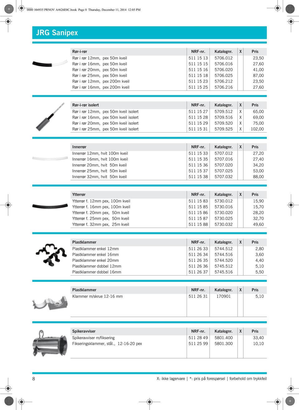 025 87,00 Rør i rør 12mm, pex 200m kveil 511 15 23 5706.212 23,50 Rør i rør 16mm, pex 200m kveil 511 15 25 5706.216 27,60 Rør-i-rør isolert NRF-nr. Katalognr.