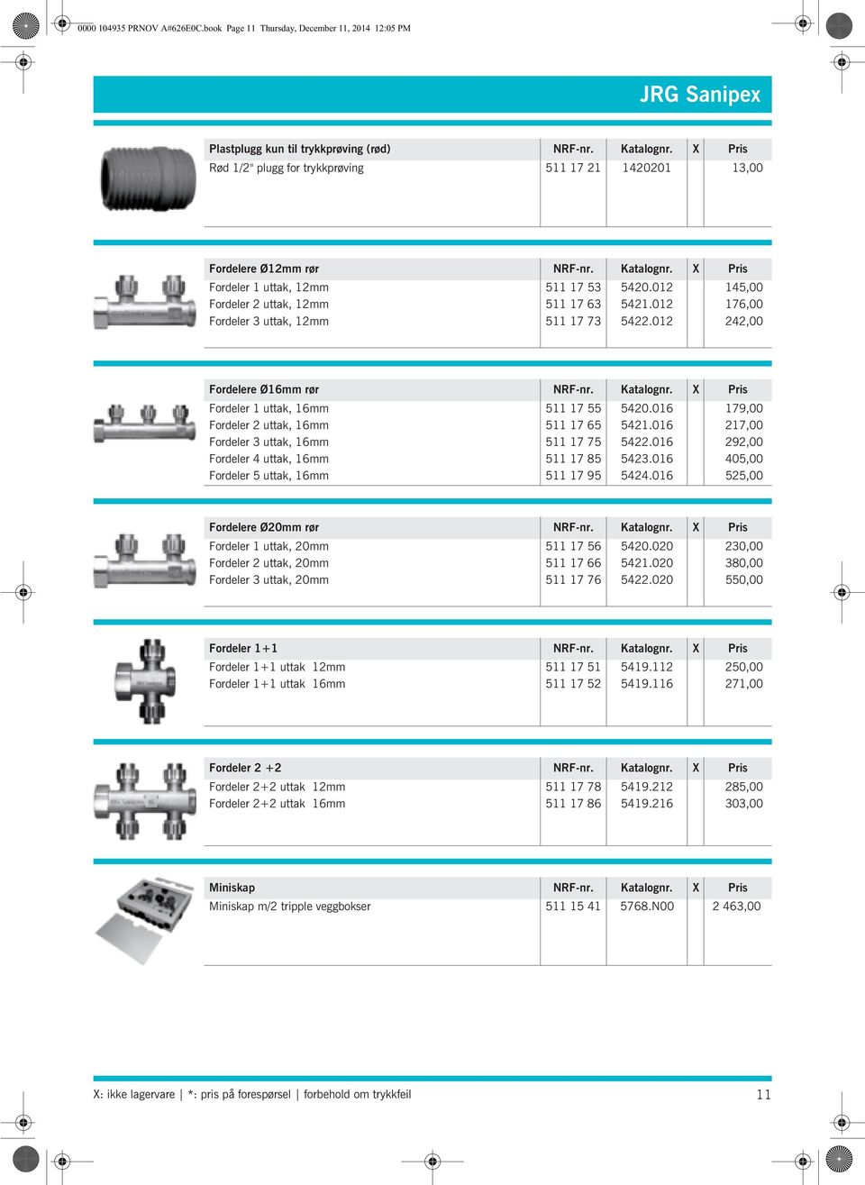 012 176,00 Fordeler 3 uttak, 12mm 511 17 73 5422.012 242,00 Fordelere Ø16mm rør NRF-nr. Katalognr. X Pris Fordeler 1 uttak, 16mm 511 17 55 5420.016 179,00 Fordeler 2 uttak, 16mm 511 17 65 5421.