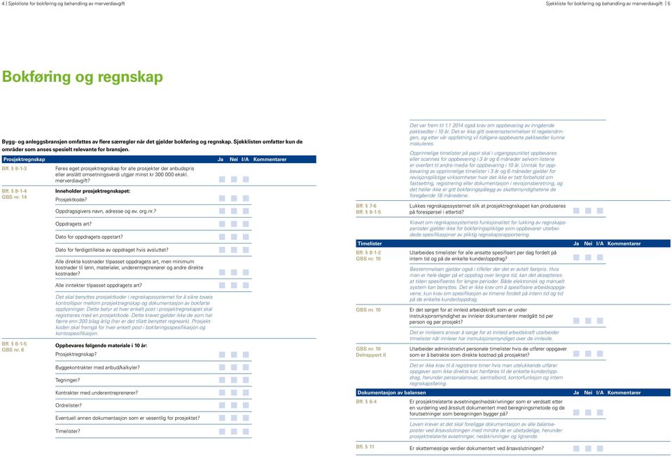 14 Føres eget prosjektregnskap for alle prosjekter der anbudspris eller anslått omsetningsverdi utgjør minst kr 300 000 ekskl. merverdiavgift? Inneholder prosjektregnskapet: Prosjektkode?