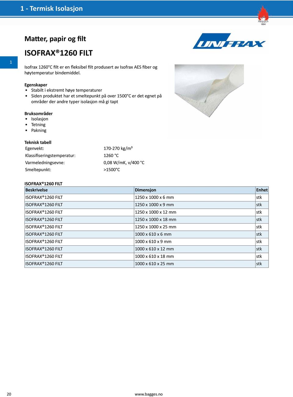 170-270 kg/m³ Klassifiseringstemperatur: 1260 C Varmeledningsevne: 0,08 W/mK, v/400 C Smeltepunkt: >1500 C ISOFRAX 1260 FILT Beskrivelse Dimensjon Enhet ISOFRAX 1260 FILT 1250 x 1000 x 6 mm stk