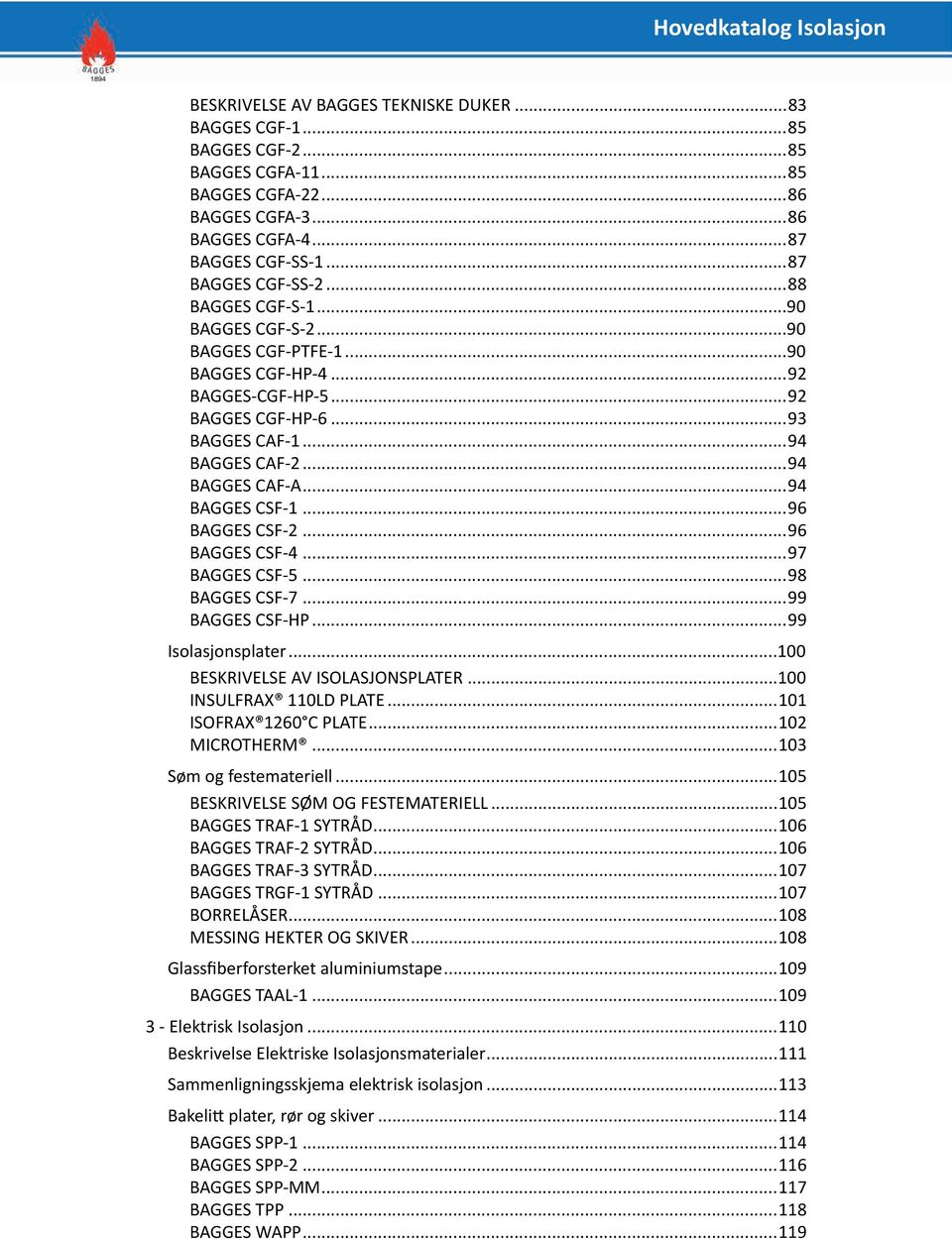 ..94 BAGGES CSF-1...96 BAGGES CSF-2...96 BAGGES CSF-4...97 BAGGES CSF-5...98 BAGGES CSF-7...99 BAGGES CSF-HP...99 Isolasjonsplater...100 BESKRIVELSE AV ISOLASJONSPLATER...100 INSULFRAX 110LD PLATE.