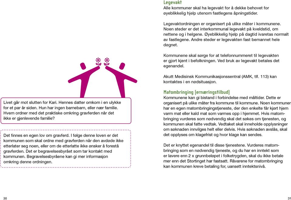 Kommunene skal sørge for at telefonnummeret til legevakten er gjort kjent i befolkningen. Ved bruk av legevakt betales det egenandel. Akutt Medisinsk Kommunikasjonssentral (AMK, tlf.