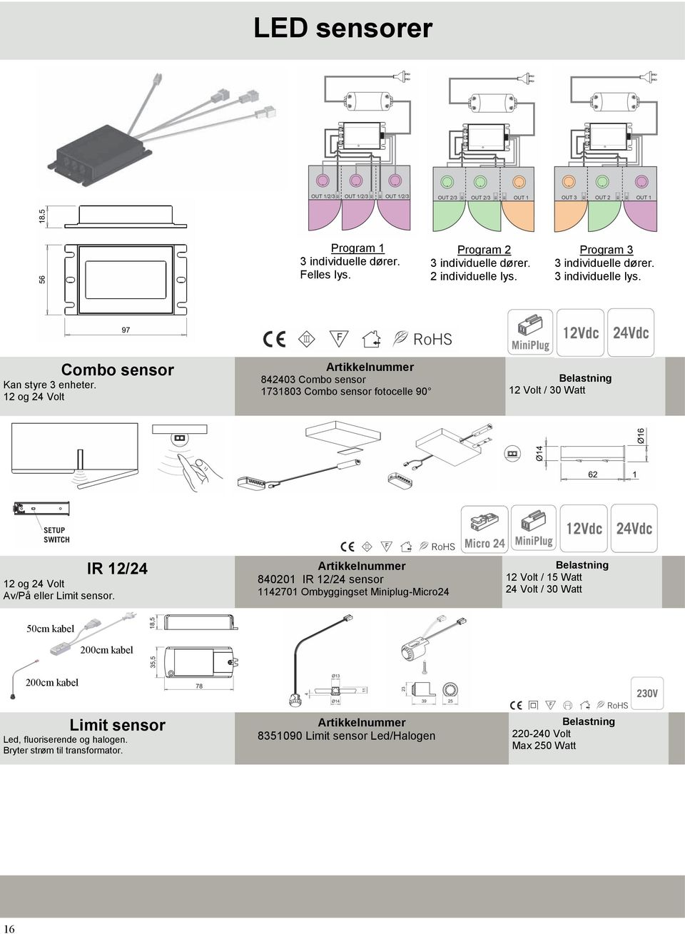 12 og 24 Volt 842403 Combo sensor 1731803 Combo sensor fotocelle 90 Belastning 12 Volt / 30 Watt 12 og 24 Volt Av/På eller Limit sensor.