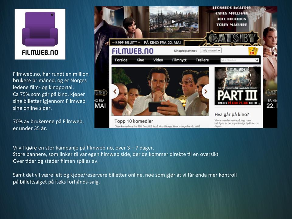 Vi vil kjøre en stor kampanje på ﬁlmweb.no, over 3 7 dager.
