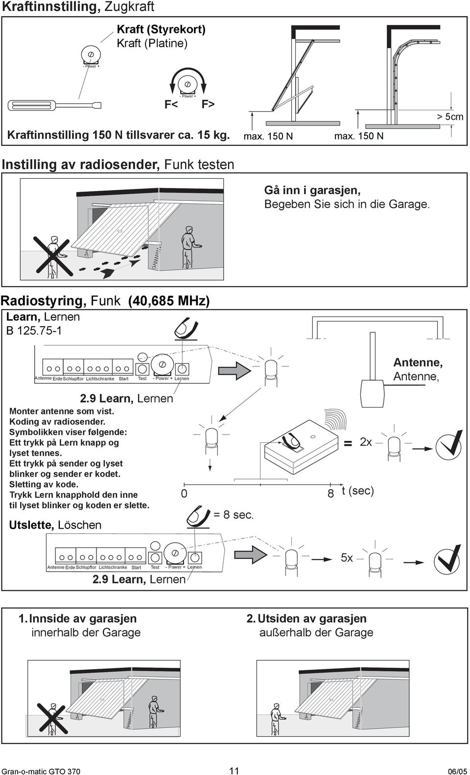 75-1 Antenne ErdeSchlupftor Lichtschranke Start Test - Power + Lernen Antenne, Antenne, 2.9 Learn, Lernen Monter antenne som vist. Koding av radiosender.