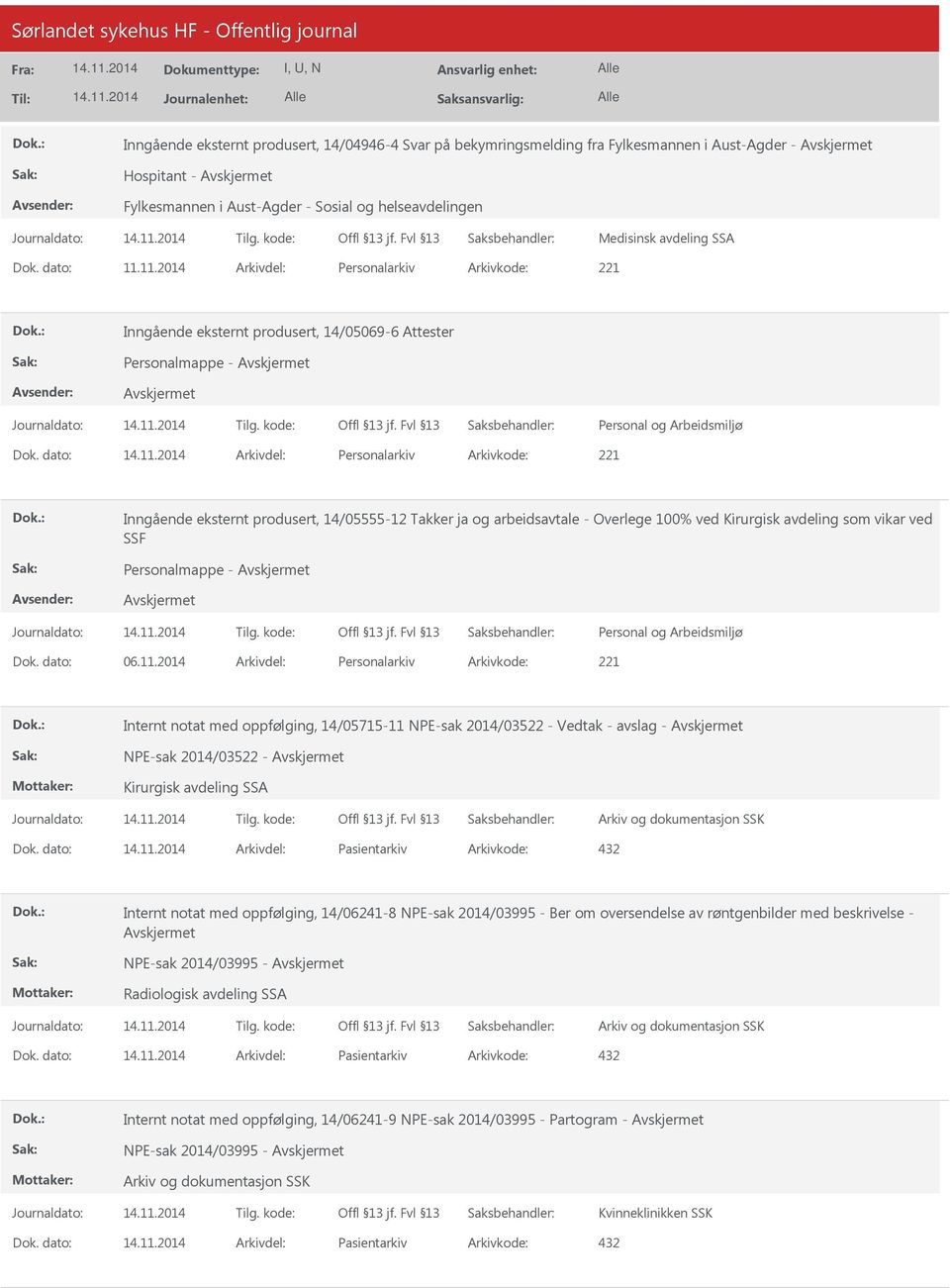 dato: Arkivdel: Personalarkiv Arkivkode: 221 Inngående eksternt produsert, 14/05555-12 Takker ja og arbeidsavtale - Overlege 100% ved Kirurgisk avdeling som vikar ved SSF Personalmappe - Dok.