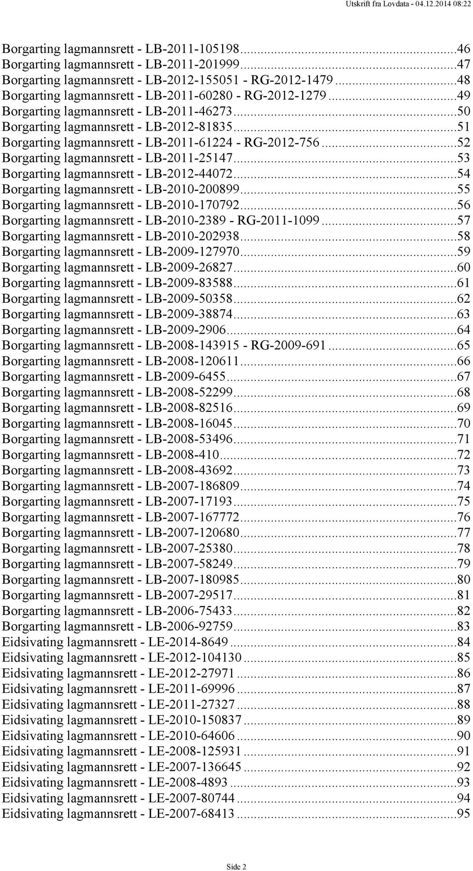 ..51 Borgarting lagmannsrett - LB-2011-61224 - RG-2012-756...52 Borgarting lagmannsrett - LB-2011-25147...53 Borgarting lagmannsrett - LB-2012-44072...54 Borgarting lagmannsrett - LB-2010-200899.