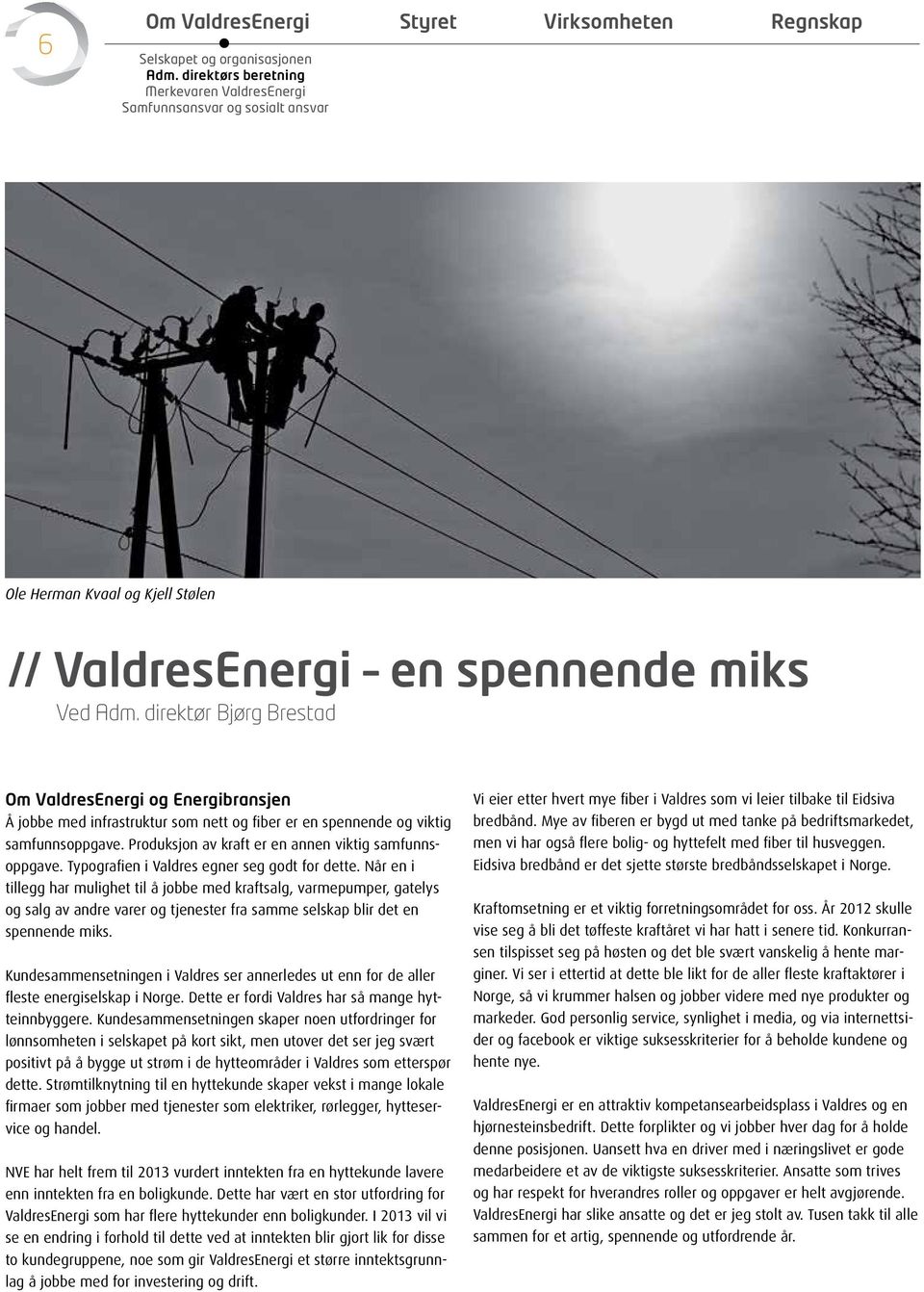 direktør Bjørg Brestad Om ValdresEnergi og Energibransjen Å jobbe med infrastruktur som nett og fiber er en spennende og viktig samfunnsoppgave. Produksjon av kraft er en annen viktig samfunnsoppgave.