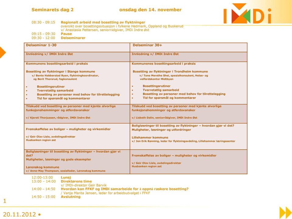 09:15 09:30 Pause 09:30-12:00 Delseminarer Delseminar 1-30 Delseminar 30+ Innledning v/ IMDi Indre Øst Innledning v/ IMDi Indre Øst Kommunens bosettingsarbeid i praksis Bosetting av flyktninger i