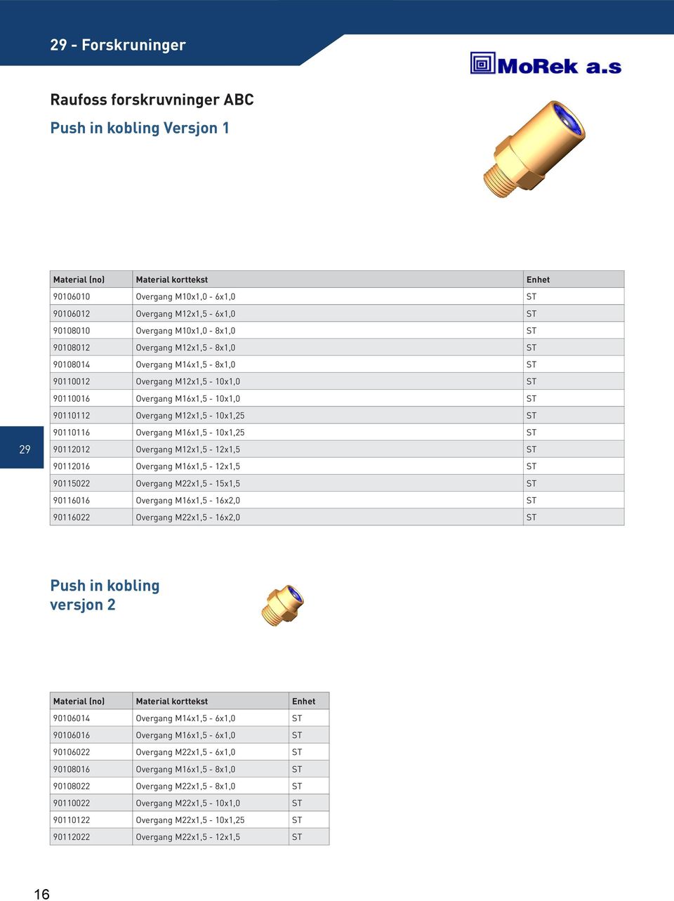 90112016 Overgang M16x1,5-12x1,5 90115022 Overgang M22x1,5-15x1,5 90116016 Overgang M16x1,5-16x2,0 90116022 Overgang M22x1,5-16x2,0 Push in kobling versjon 2 90106014 Overgang M14x1,5-6x1,0 90106016
