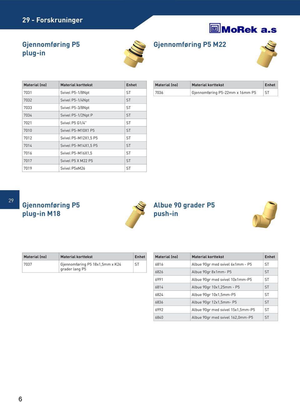 Gjennomføring P5 plug-in M18 Albue 90 grader P5 push-in 7037 Gjennomføring P5 18x1,5mm x K24 grader lang P5 6816 Albue 90gr med svivel 6x1mm - P5 6826 Albue 90gr 8x1mm- P5 6991