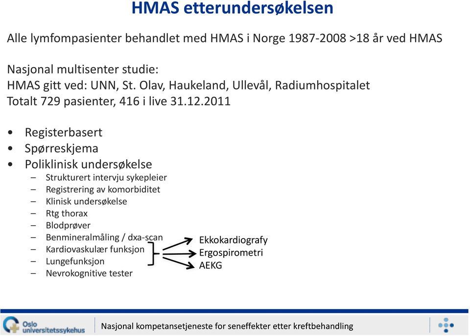 2011 Registerbasert Spørreskjema Poliklinisk undersøkelse Strukturert intervju sykepleier Registrering av komorbiditet Klinisk