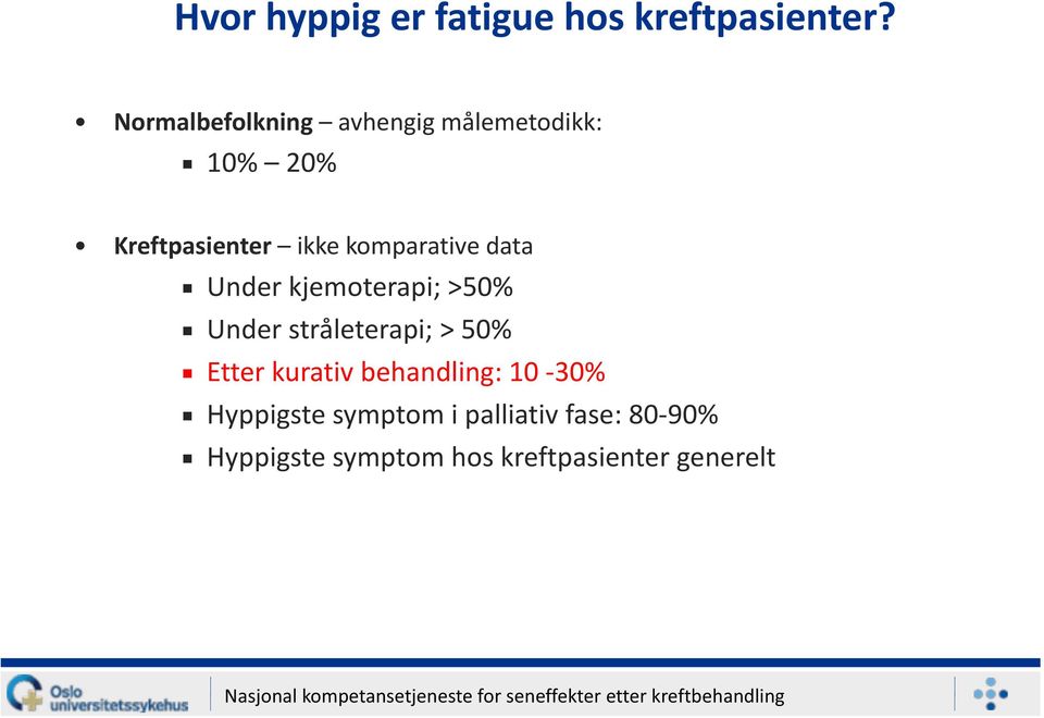 komparative data Under kjemoterapi; >50% Under stråleterapi; > 50% Etter