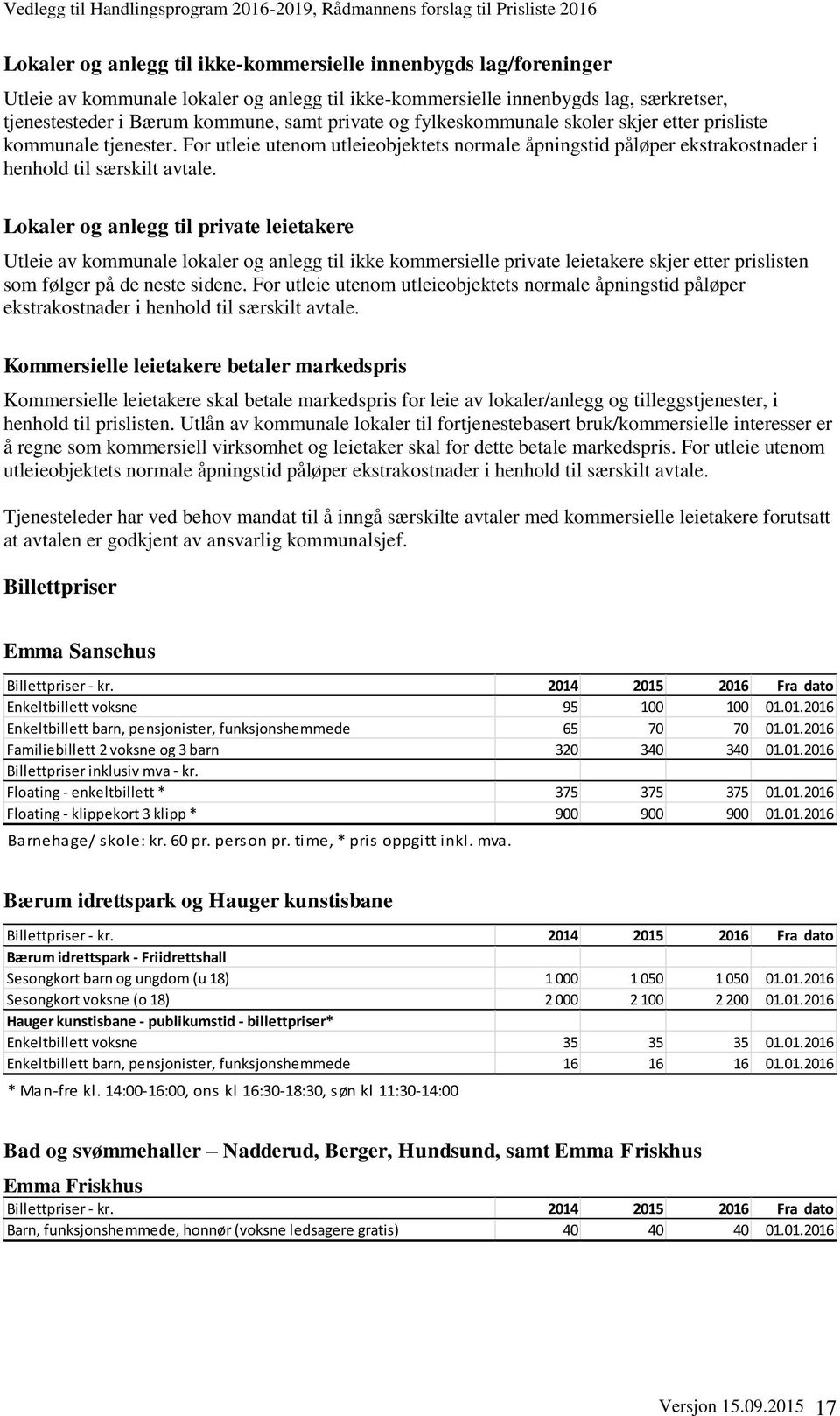 Lokaler og anlegg til private leietakere Utleie av kommunale lokaler og anlegg til ikke kommersielle private leietakere skjer etter prislisten som følger på de neste sidene.