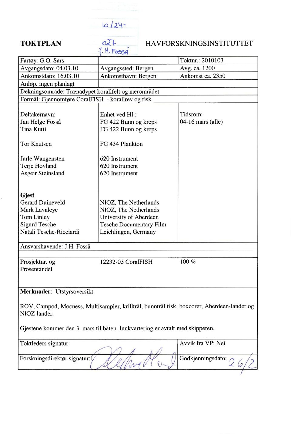 2350 Deltakernavn: Jan Helge Fosså Tina Kutti Tor Knutsen Jarle Wangensten Terje Hovland Asgeir Steinsland Enhet ved HL: FG 422 Bunn og kreps FG 422 Bunn og kreps FG 434 Plankton 620 Instrument 620