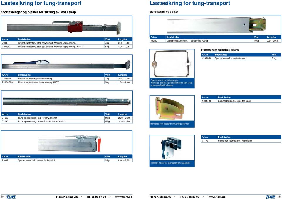 Belastning 700 10 2,34-2,63 Støttestenger og bjelker, diverse 43991-20 Sperrerae for støttestenger 3 Lengder 71084GS Firkant støttestang m/luftspenning 7 2,35 3,35 71084GSK Firkant støttestang